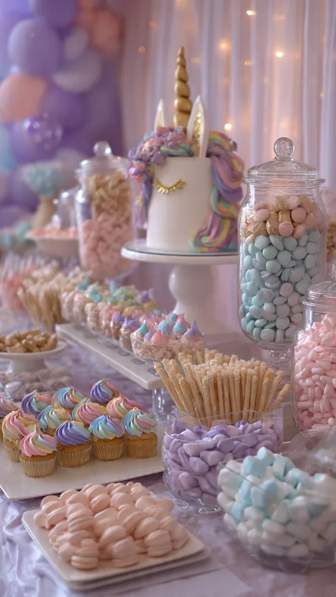 Mesa de dulces temática con cupcakes, macarons y malvaviscos