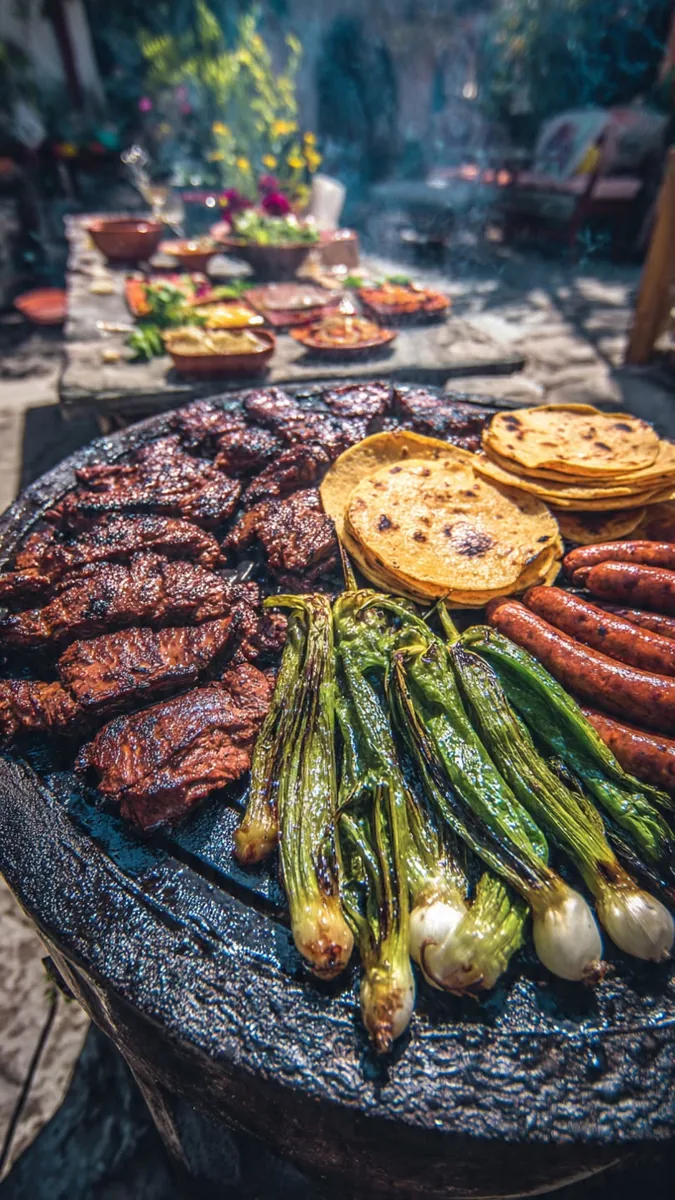 Parrillada con carnes, cebollitas y tortillas al carbón