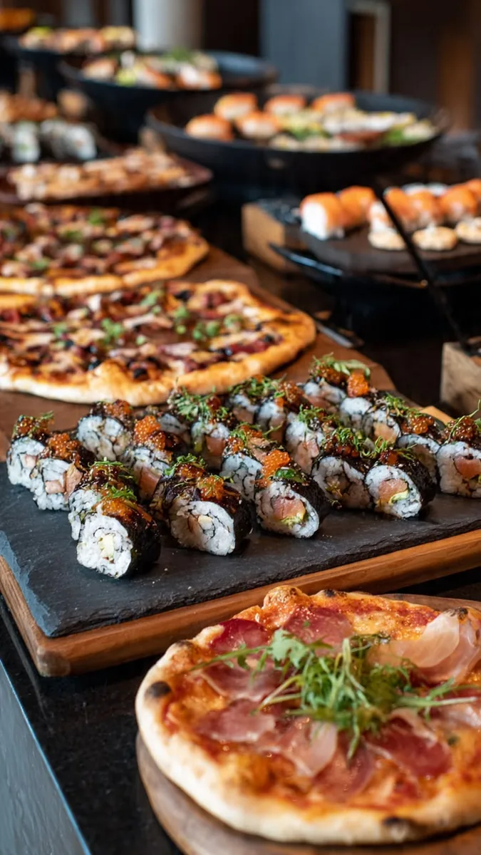 Paquete de snacks con sushi, mini pizzas y bocadillos